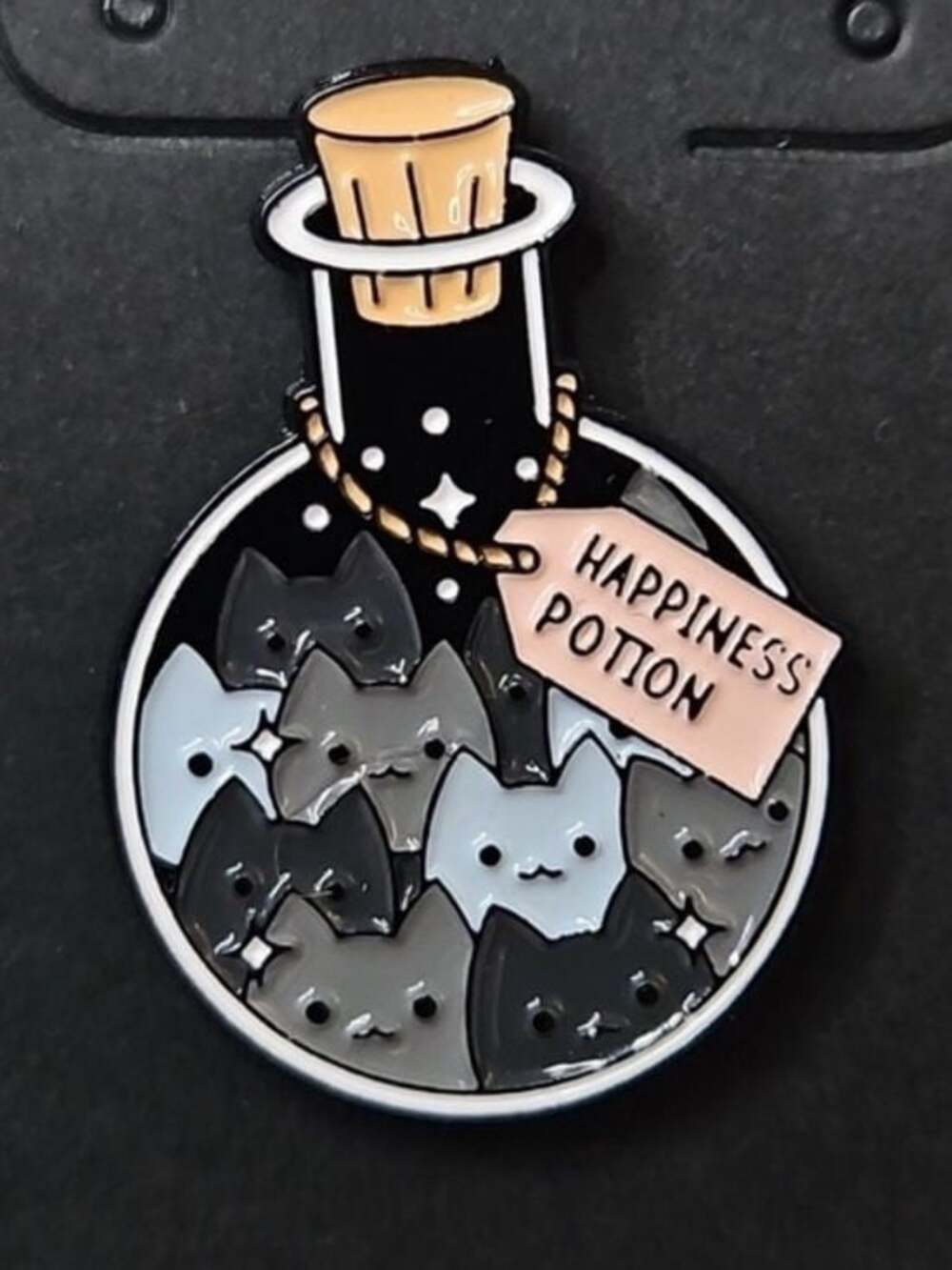 Happiness Potion Cat Enamel Pin - Black, Gray, Cream